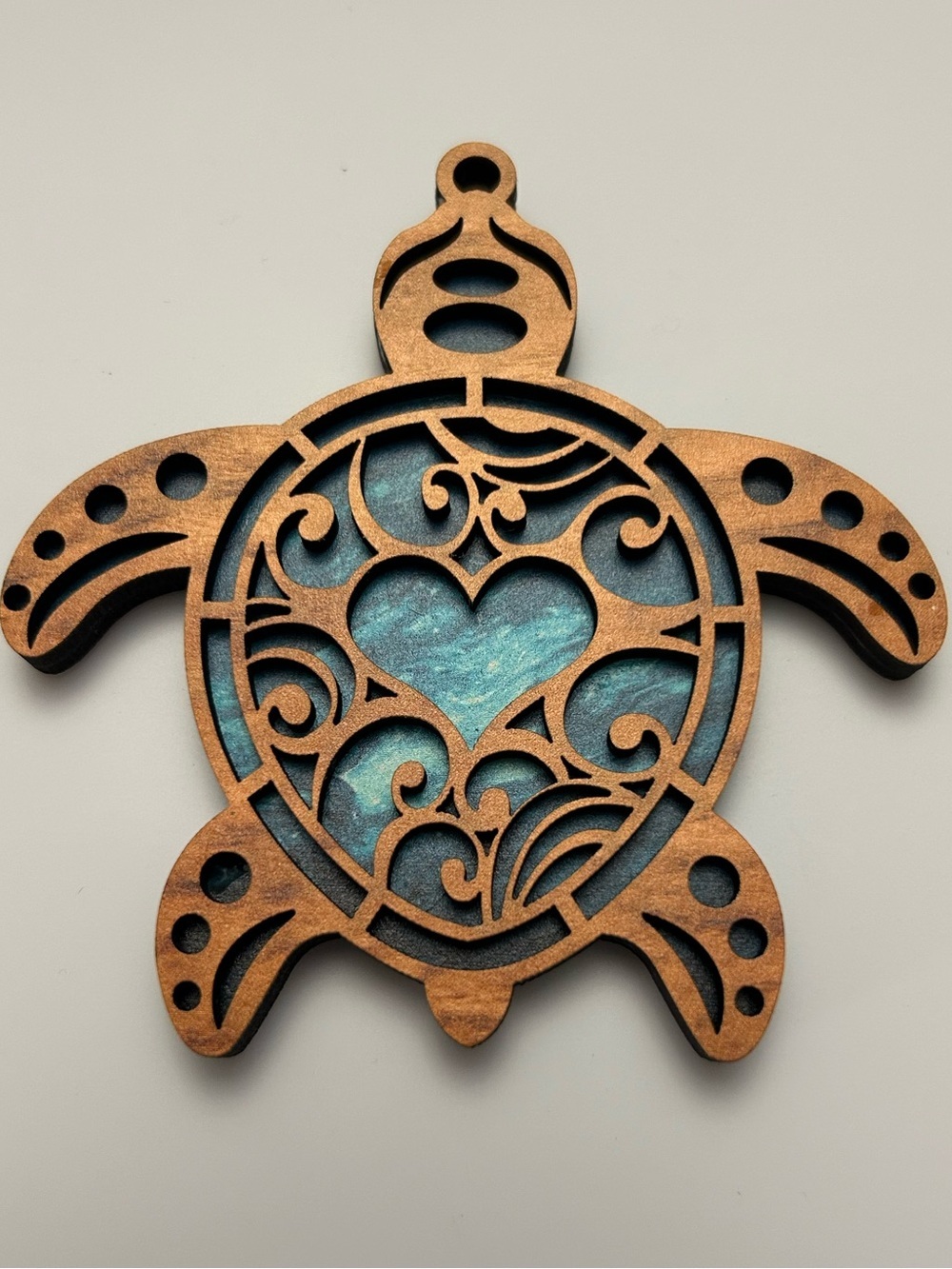 Wooden Turtle Ornament with Teal Inlay